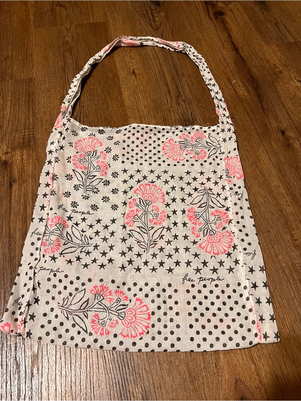 Free People Cream Shoulder Tote with Pink Floral and Black Star Print